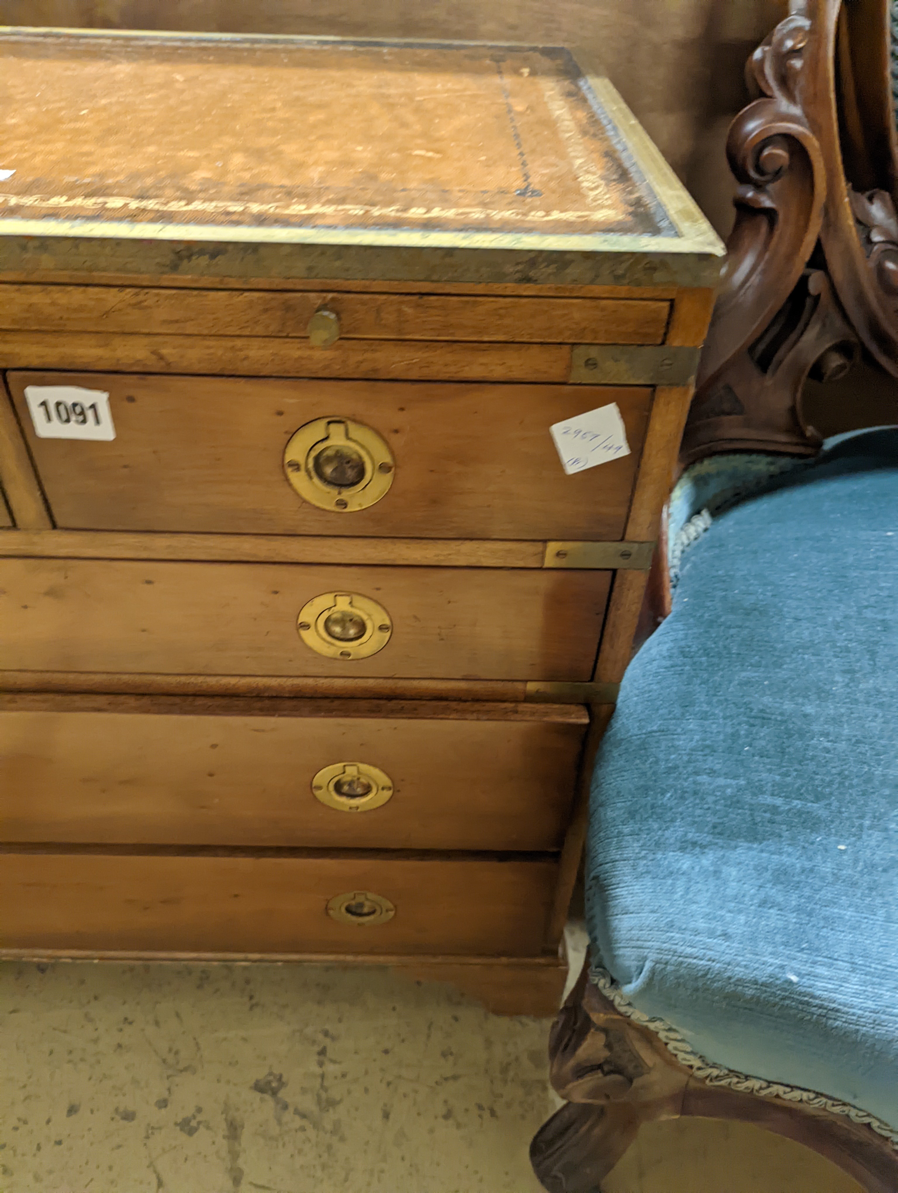 A pair of reproduction brass mounted military style yew veneered bedside chests with leather inset tops, width 56cm, depth 40cm, height 60cm